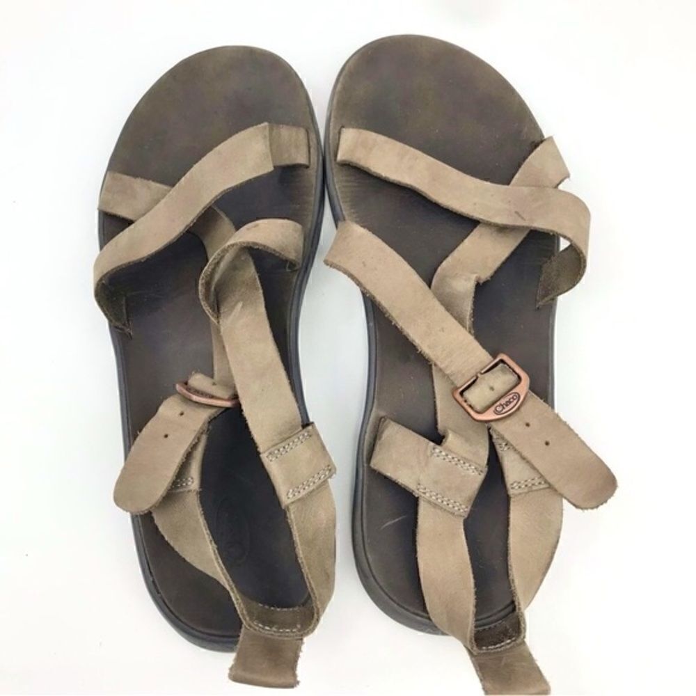 CHACO Wayfarer Gray Brown Mens Leather Buckle Sandals